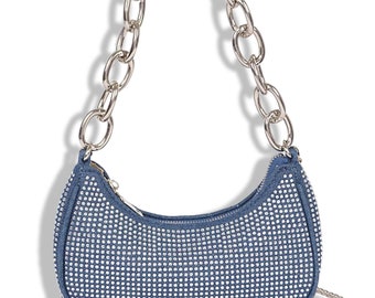 Off The Chain Crystal Denim Handbag - Dark Blue