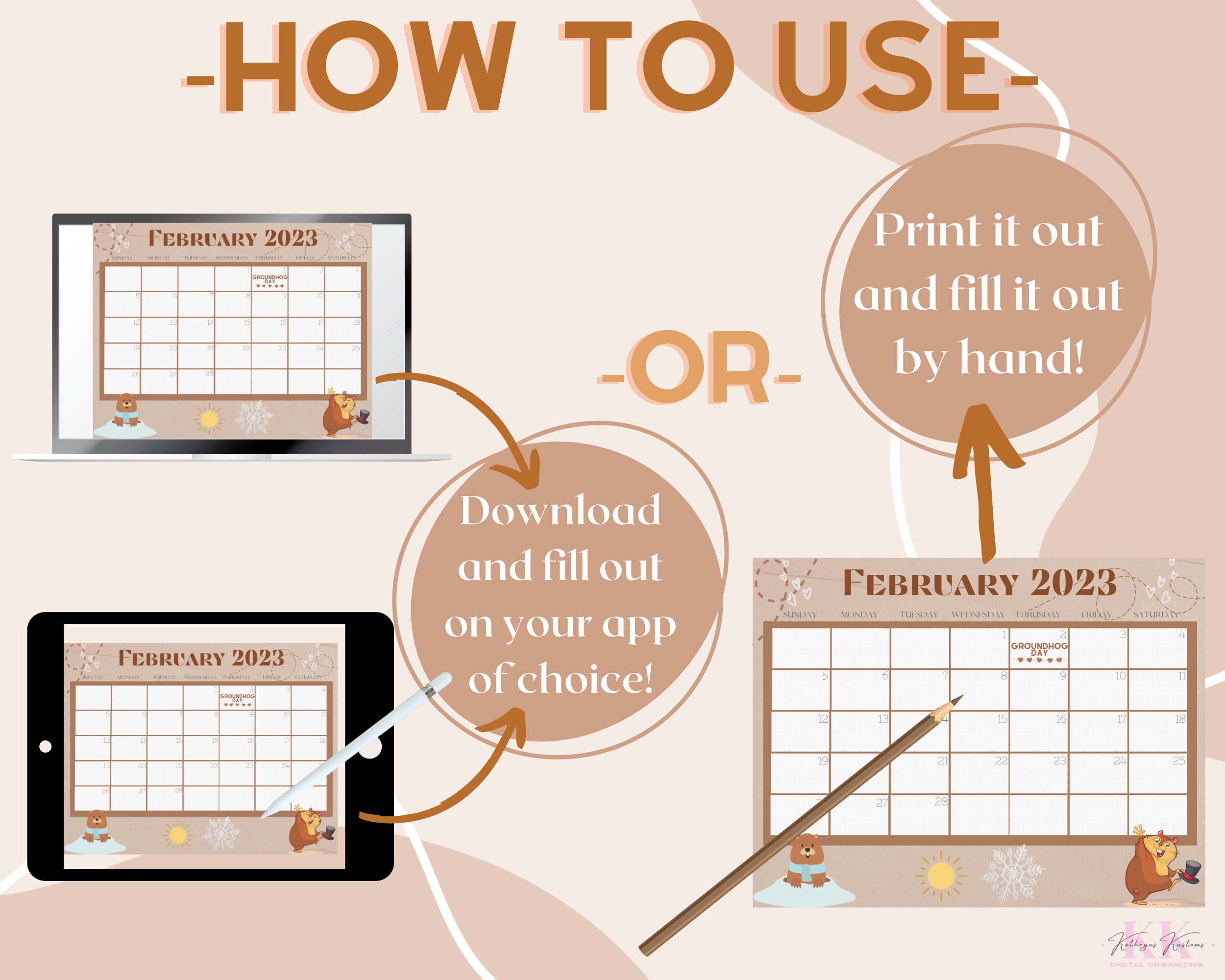 DIGITAL AND PRINTABLE February 2023 Calendar Groundhog Day Edition digital-and-printable-february-2023-calendar-groundhog-day-edition