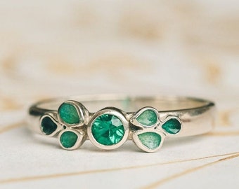 Fijne smaragdring: 925 sterling zilver, handgemaakt, geboortesteen van mei.