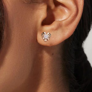 14K Gold Natural Diamond Heart Stud Earrings: Handmade Designer Jewelry