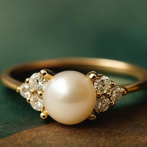 Vintage Pearl Engagement Ring: 14K Gold Plated Sterling Silver, Diamond Accents