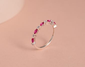 Ruby Marquise Half Eternity Band: Diamond Stacking Ring, Gold Wedding Jewelry