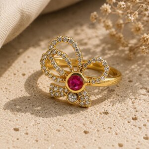 Ruby Bow Ring, 14k Gold Plated 925 Sterling Silver Vintage Art Deco Cocktail Rings for Women with Diamond, Handmade Romantic Jewelry Gift