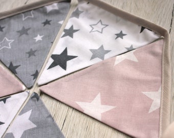 Cotton bunting flags, Baby girl nursery wall hanging, home decor for baby room, star fabric garland banner