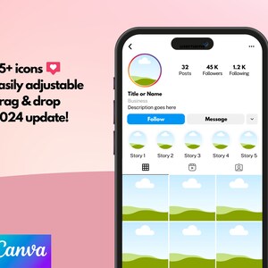 Può includere: Uno schermo di smartphone mostra un'interfaccia del profilo social media. Il profilo include una foto del profilo, il conteggio dei follower e il conteggio dei post. Il testo sullo schermo recita "85+ icone, facilmente regolabili, drag & drop, aggiornamento 2024!" e "Canva".