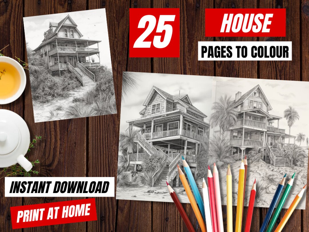 Grayscale Coloring Pages Houses | INSTANT DOWNLOAD | Printable Coloring ...