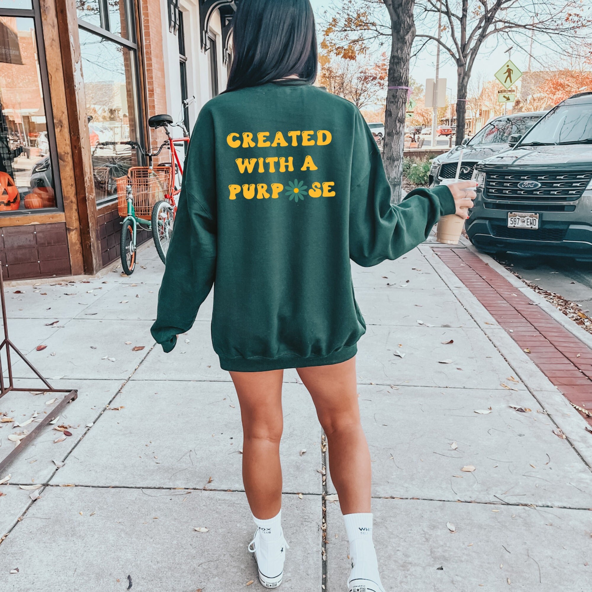 Created With A Purpose Sweatshirt Hoodie St Patty s Day Green Black Retro Flower Gift for Sunday School Teacher Gift for Teacher Wavy Text Etsy