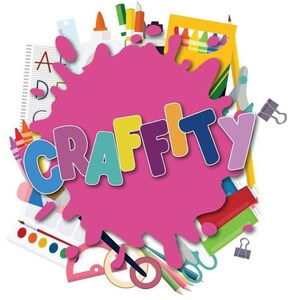 May include: A pink paint splatter with the word "CRAFFITY" in colourful letters. The splatter is surrounded by various craft supplies, including crayons, pencils, scissors, rulers, and glue.