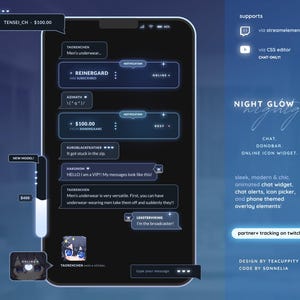 Pode incluir: Uma captura de tela de um smartphone mostra uma interface de chat com mensagens e notificações. A interface apresenta um tema azul escuro com texto branco e elementos animados. O texto inclui "NIGHT GLOW" e "CHAT. DONOBAR. ONLINE ICON WIDGET."
