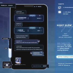 Op de afbeelding: Een smartphone scherm toont een chat interface met berichten en meldingen. De interface heeft een donkerblauw thema met witte tekst en geanimeerde elementen. Tekst bevat "NIGHT GLOW" en "CHAT. DONOBAR. ONLINE ICON WIDGET."