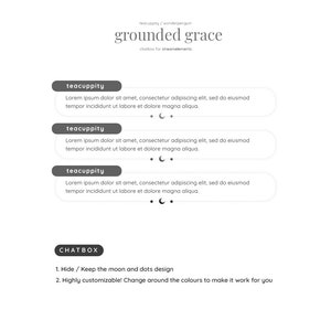 May include: A digital design template for a social media post with the text "grounded grace" and the words "teacuppity" repeated three times. The design features a moon and dots graphic.