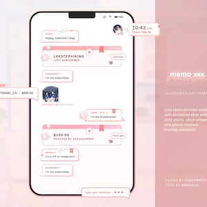 Può includere: Uno schermo di telefono rosa e bianco con un'interfaccia di chat. L'interfaccia di chat contiene diversi messaggi con cuori animati e testo che dice "Buon San Valentino", "Non sono iscritto", "Sono il conduttore!" e "Sono un VIP o un moderatore!" Lo schermo mostra anche un messaggio di donazione che dice "€ 100,00 DONATO DA KAGURAARDEN". Lo schermo ha anche una casella di testo in basso che dice "digita il tuo messaggio..."