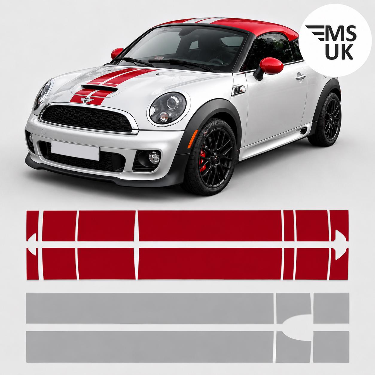 Chili Red and Silver Over the Top Stripes to Fit Mini R58 Cooper S