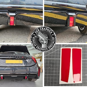 May include: A composite image showing car modifications. It features close-ups of a car's rear bumper with red reflector lights, a full rear view of a car with the same lights, and a pair of red vinyl stickers. The Zen Graphics logo is also visible.