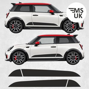 May include: Two white Mini Cooper cars with red roofs and black side decals shown in profile view. The cars feature black wheel arches, multi-spoke wheels with red brake calipers, and a circular logo with the text EMS UK. Two black side decals are displayed below.