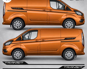 May include: Two orange Ford Transit vans shown in profile, featuring black side decals with the word TRANSIT. The image includes a circular MS UK logo, a list of options reading 1. TRANSIT, 2. CAMPER, 3. SPORT, and two separate black decal strips.