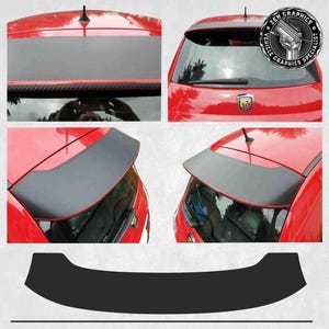 May include: A set of four black carbon fibre vinyl decals for a car. The decals are designed to cover the rear window, the rear spoiler, and the rear bumper. The decals are shown on a red car.