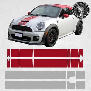May include: Red and white racing stripe decal set for a Mini Cooper. The set includes two long stripes with a smaller stripe in the middle, and two shorter stripes for the side of the car.