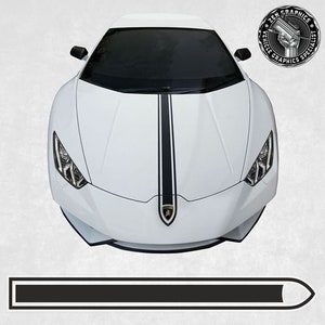 May include: A white Lamborghini with black racing stripes down the hood. The car has a black front bumper and black side mirrors. The car is on a white background.