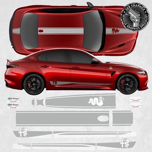 Rayas laterales y superiores para calcomanías Alfa Romeo Giulia Quadrifoglio, tamaño y especificaciones exactos, como el vinilo original Hexis Suptac de 10 años