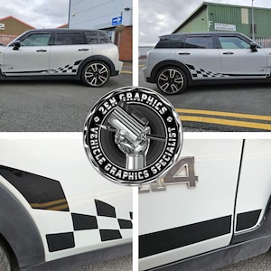 May include: White Mini Cooper Clubman with black detailing, featuring a checkered flag pattern on the side. The car has black wheels and a black roof. The image includes a logo that reads "ZEN GRAPHICS VEHICLE GRAPHICS SPECIALIST."