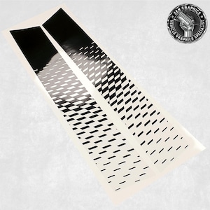 May include: Two black and white vehicle graphics with a geometric design. The graphics feature a gradient pattern that transitions from solid black to a checkered pattern. The text "ZEN GRAPHICS VEHICLE GRAPHICS SPECIALIST" is in a circular logo.