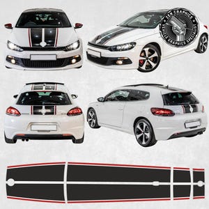 Puede incluir: Coche blanco con franjas de carreras negras y rojas. Las franjas recorren el centro del capó, el techo y el maletero. La imagen también muestra un primer plano del diseño de las franjas. El coche tiene llantas negras.