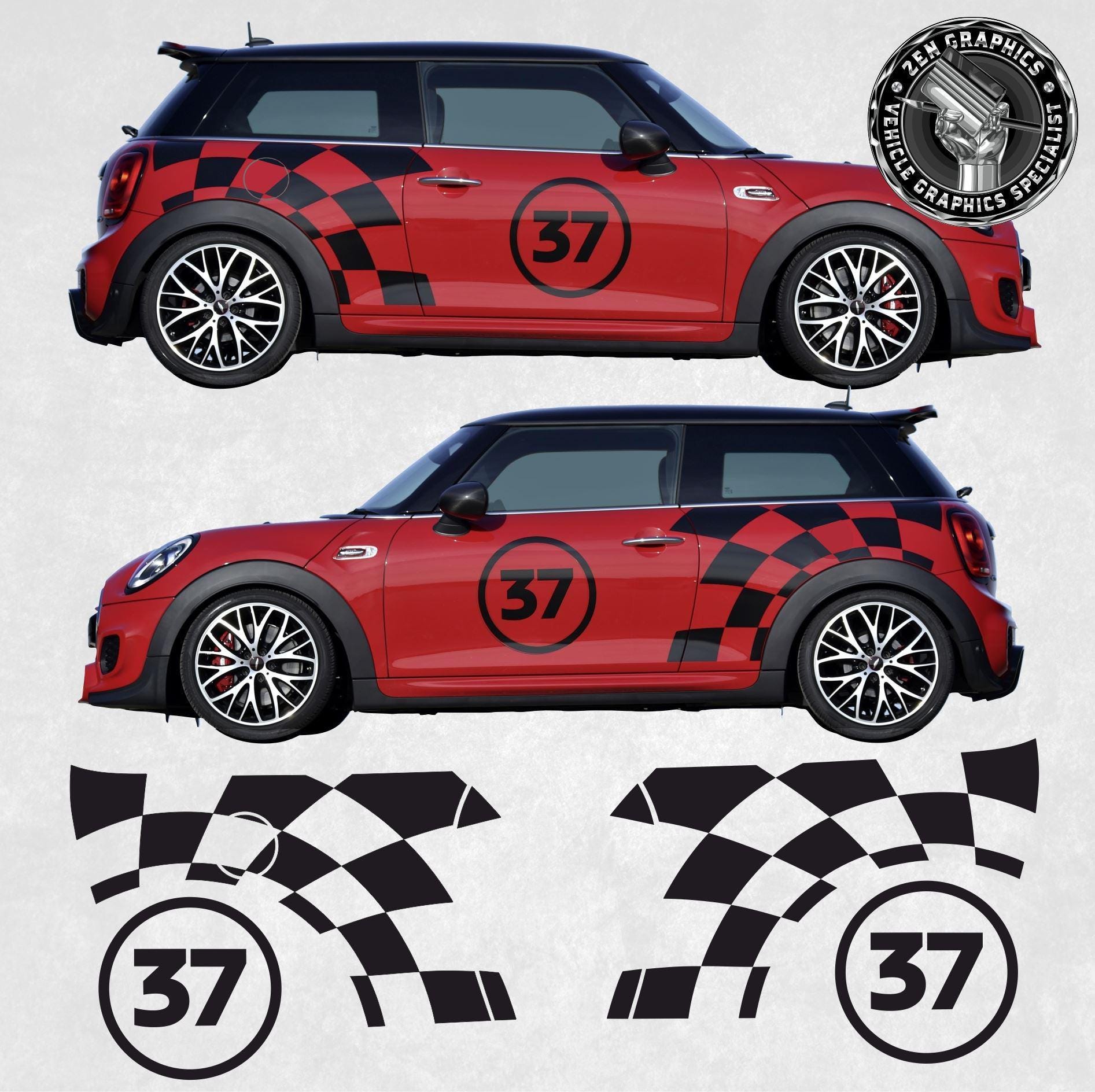 Side Graphics Kit to fit Mini F56 / F57 Cooper S / JCW Paddy Hopkirk Chequer Stickers exact factory size and spec Genuine Hexis Vinyl