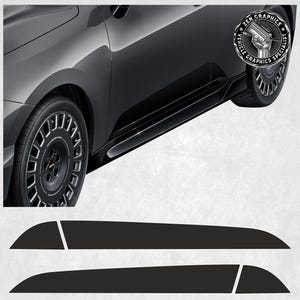 May include: Black side skirts for a car. The skirts are made of a durable material and are designed to protect the car's body from scratches and dents. The skirts are also designed to improve the car's aerodynamics.