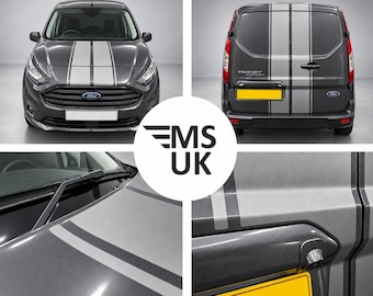 May include: A dark gray Ford Transit Connect van featuring dual light gray racing stripes running vertically across the hood and rear doors. The vehicle displays the Ford logo on the front grille and rear door, with a central MS UK logo overlay.