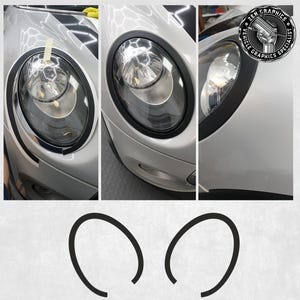 May include: Black headlight trim rings for a silver car. The image shows the trim rings installed on the car's headlights, with close-up shots of the car's front end. The trim rings are also shown separately.