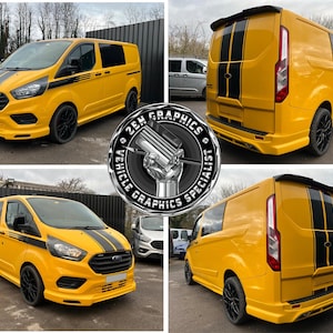 May include: Four images of a bright yellow Ford Transit van with black racing stripes. The van has black rims and a black spoiler. The text "ZEN GRAPHICS VEHICLE SPECIALIST" is in a circular logo in the center of the images.