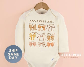 God Says I Am Baby Bodysuit, Christian Infant Outfit, Bible Verse Baby Clothes, Newborn Girl Gift, Faith Based Baby Shower Gift(CA-FAL7)
