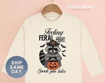Funny Halloween Toddler Shirt, Feeling Feral Might Spook You Later Shirt, Spooky Season Kids Tee, Cute Raccoon Halloween Outfit(CA-HAL15)
