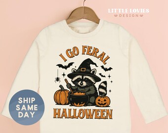 I Go Feral Halloween Shirt, Funny Raccoon Toddler Shirt, Witch Costume Toddler Halloween Outfit, Cute Spooky Fall Shirt For Kids(CA-HAL24 )