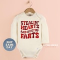 Stealin Hearts And Bustin Farts Onesie®, Funny Valentine Gift For Baby, Newborn Valentine Clothing, First Valentine Outfit, (CA-VAL83)