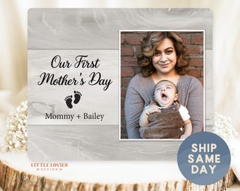 Personalized First Mothers Day Gift With Baby Names | Custom Wood Photo Frame New Mom Gift | Footprint Keepsake Display (BO-MOM10)