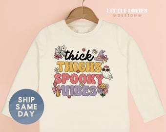 Thick Thighs Spooky Vibes Halloween Toddler Shirt, Ghost Fall Toddler Shirt, Retro Halloween Kids Shirt, Funny Toddler Fall Outfit(CA-HAL9 )