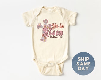 He Is Risen Onesie®, Christian Baby Bodysuit, Easter Baby Clothing, Religious Outfit For Baby, Matthew 28:6 Floral Apparel, (CA-EAS4)
