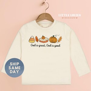 Fall Christian Toddler Shirt, Thanksgiving Bible Verse Shirt, Religious Autumn Tee For Kids, God Is Good Shirt, Pumpkin Candy Tee(CA-FAL9)