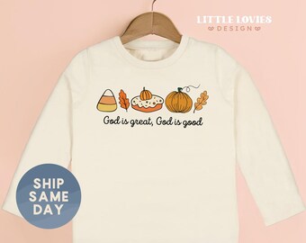 Fall Christian Toddler Shirt, Thanksgiving Bible Verse Shirt, Religious Autumn Tee For Kids, God Is Good Shirt, Pumpkin Candy Tee(CA-FAL9)