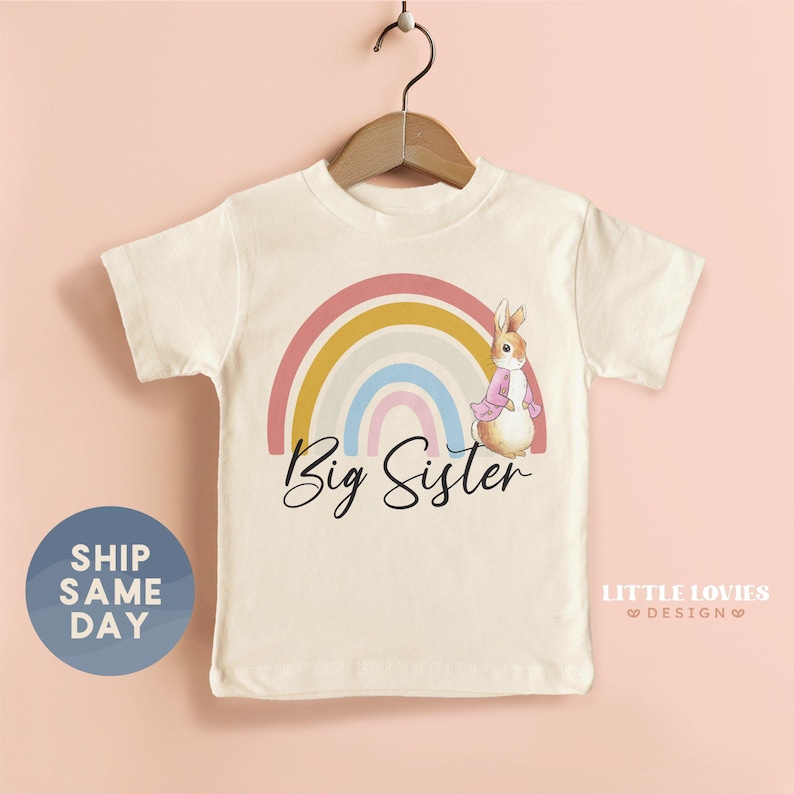 Big Sister Shirt, Rainbow Easter Tees For Big Sis, Promoted To Big Sis Apparel, Easter Bunny Announcement Clothing, (CA-EAS29) image 1
