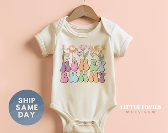 Honey Bunny Onesies® Brand, Happy Easter Baby Bodysuit, Holiday Baby Clothes, Floral Baby Shower Gift, (CA-EAS66)
