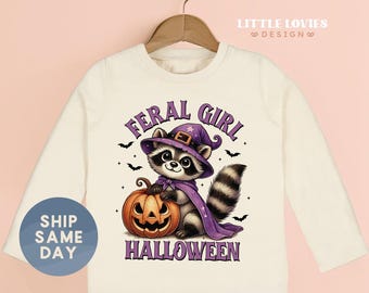 Feral Girl Toddler Shirt, Cute Raccoon Witch Costume Shirt, Funny Fall Outfit For Kids, Spooky Season Graphic Tee(CA-HAL17 )