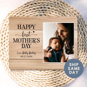 Personalized First Mothers Day Photo Frame | Custom New Mom Gift With Baby Name Date | Wood Picture Frame Keepsake (BO-MOM11)