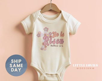 He Is Risen Onesie®, Christian Baby Bodysuit, Easter Baby Clothing, Religious Outfit For Baby, Matthew 28:6 Floral Apparel, (CA-EAS4)