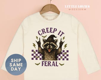 Creep It Feral Halloween Toddler Shirt, Funny Raccoon Toddler Shirt, Witch Hat Costume Shirt, Spooky Season Kids Outfit(CA-HAL25 )