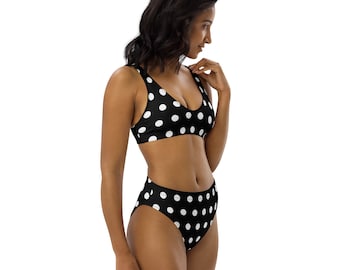 Swimwear - High waisted bikini, black and white polka dots