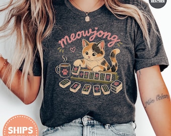 Camiseta de gato Meowjong, regalo divertido para amantes del Mahjong, camiseta retro con estampado de Mahjong, camiseta acogedora para noches de juegos, lindo regalo para amantes de los gatos.