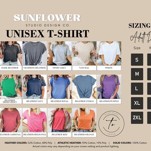May include: Unisex t-shirt sizing chart with a variety of colour options. The chart shows the width and length measurements in inches for sizes S, M, L, XL, and 2XL. The chart also includes information about the fabric composition of the t-shirts.